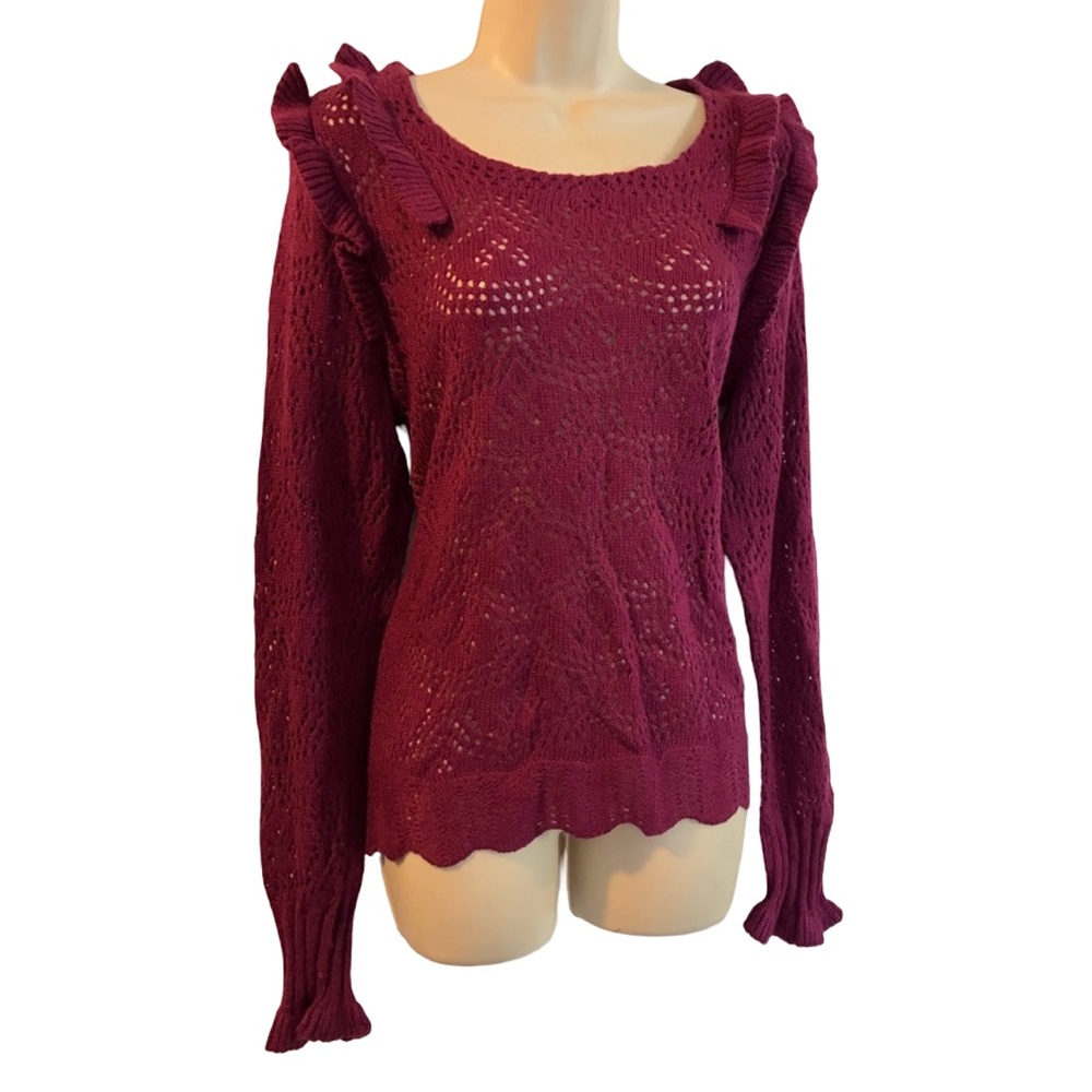 Kaari Blue Burgundy Ruffle Trim Open Knit Sweater – XL – Berry – NWT!